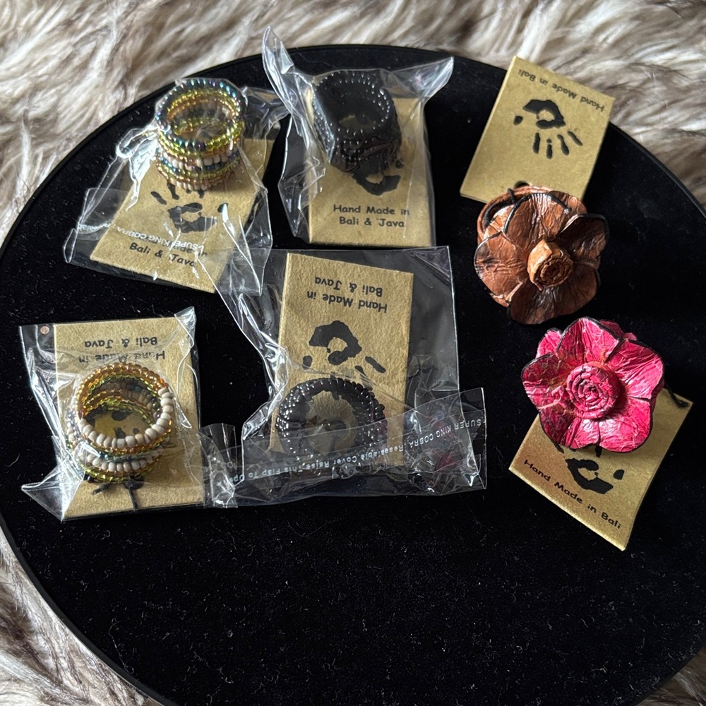 Bali Handmade Beaded Rings and Leather Flower Rings